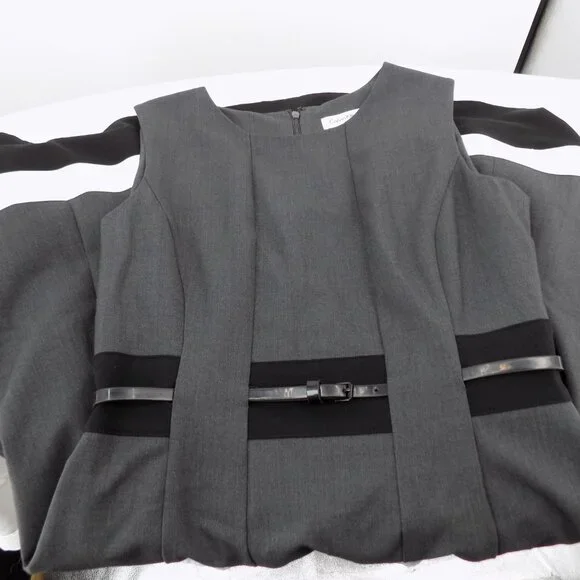 Calvin Klein Women Gray Belted Lined Sleeveless Fit and Flare Dress Size 4 - Picture 3 of 8